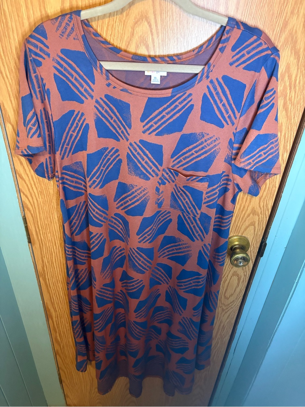 Lularoe Carly Casual Blue Patterned Rust Dress
